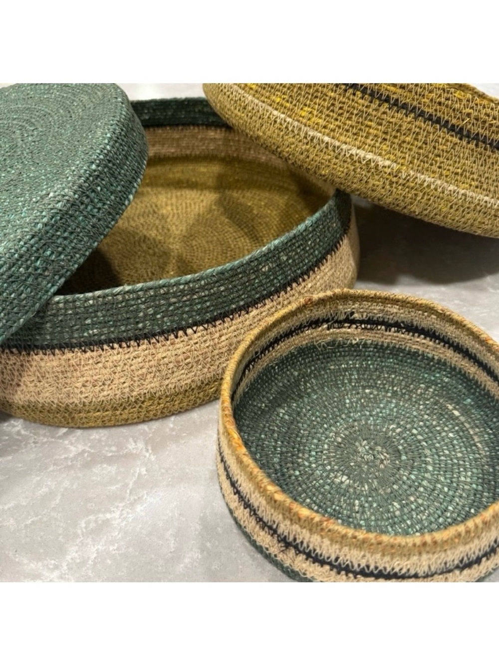 Handwoven Natural Fiber Nesting Storage Baskets Set of 3 w/Lid Boho Decor